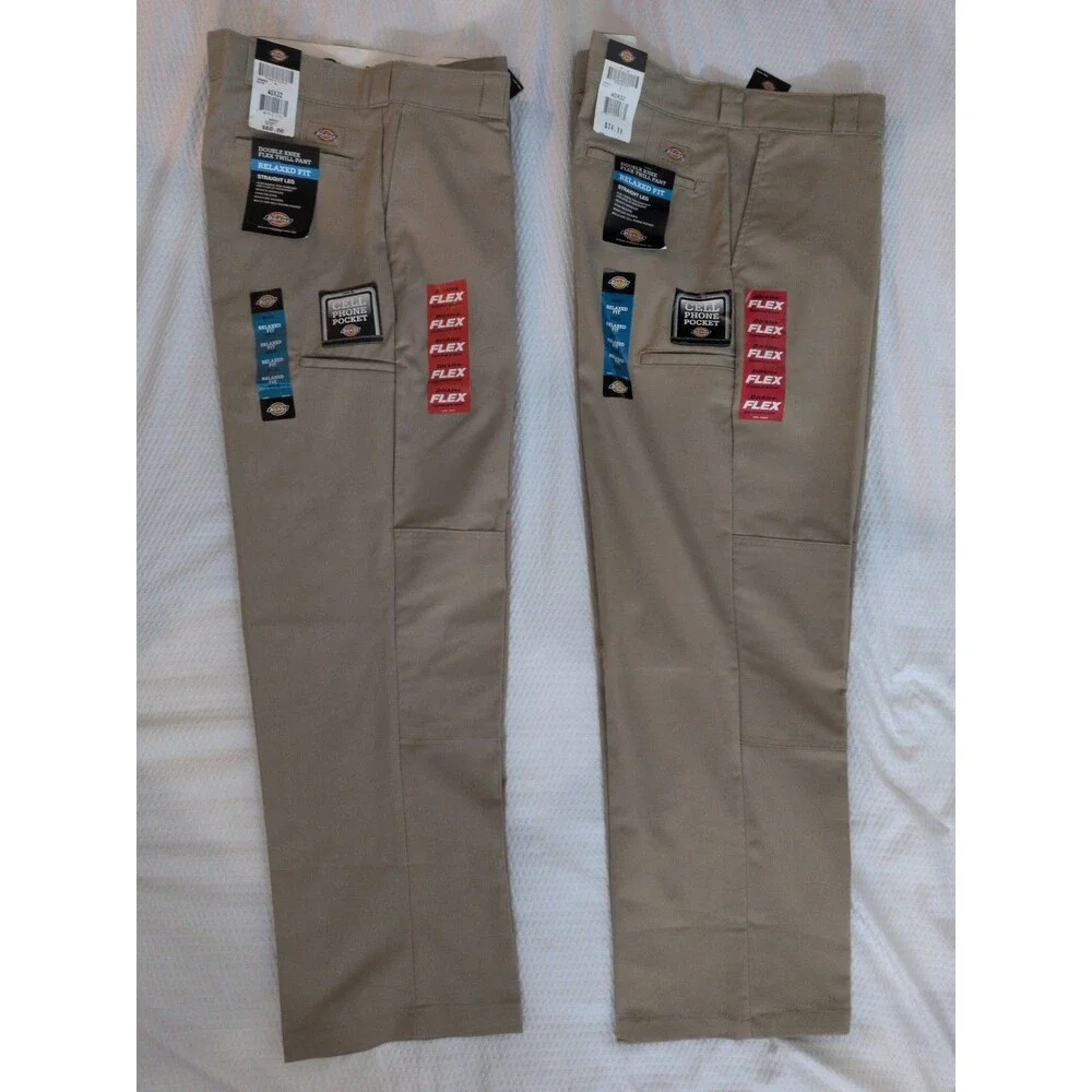 Dickies Flex Men Khaki 2 Pair Double Knee Relaxed Fit Straight Leg Pant 40x32